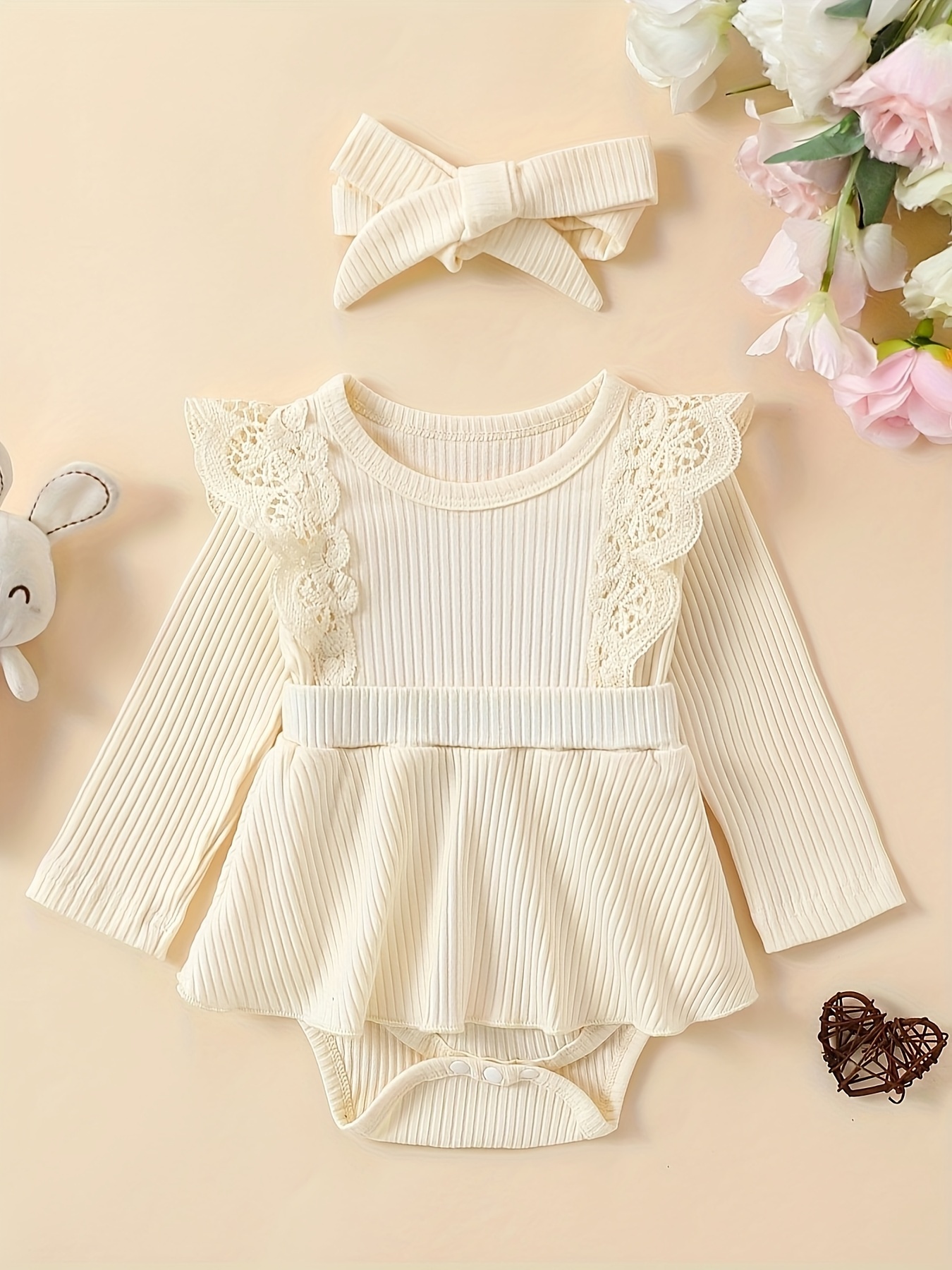 Baby Girl Ribbed Solid Splice Lace Mesh Ruffle Collar Long-sleeve Jumpsuit