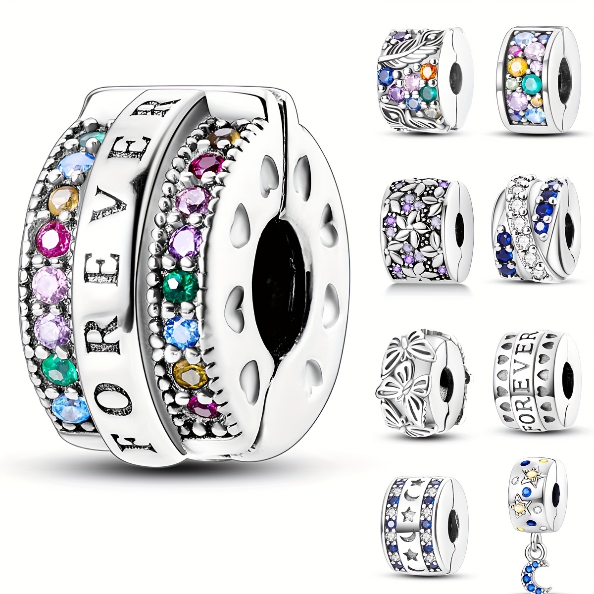 

Colorful Cubic Zirconia Forever Clip Charm Stopper Silver Color Beads Charm Fit Bracelet Necklace Pendant Women Jewelry Making