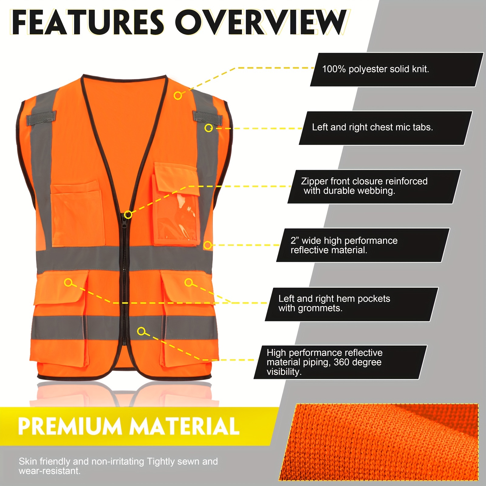 Reflective Safety Vest Orange Pockets Class Visibility Security with Zipper High Visibility Safety Vests with Reflective Strips ANSI/ISEA Standard