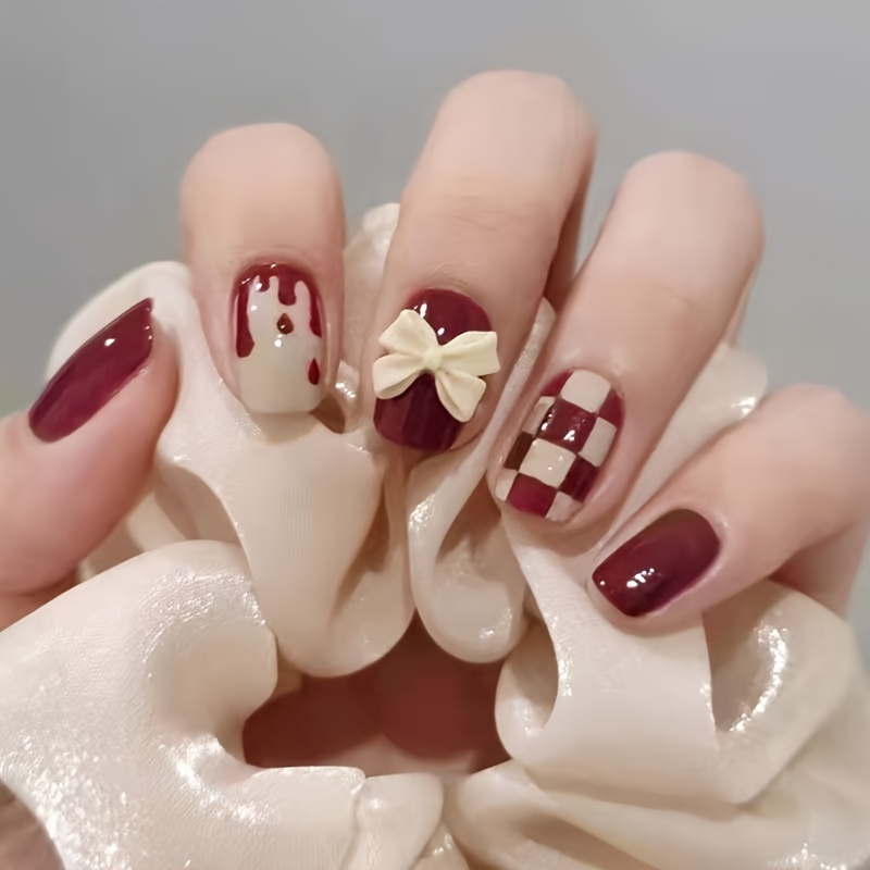 24pcs Press-on Nails, Red Bow Knot Checkered Design Nails, Artificial Nail Tips For Women And