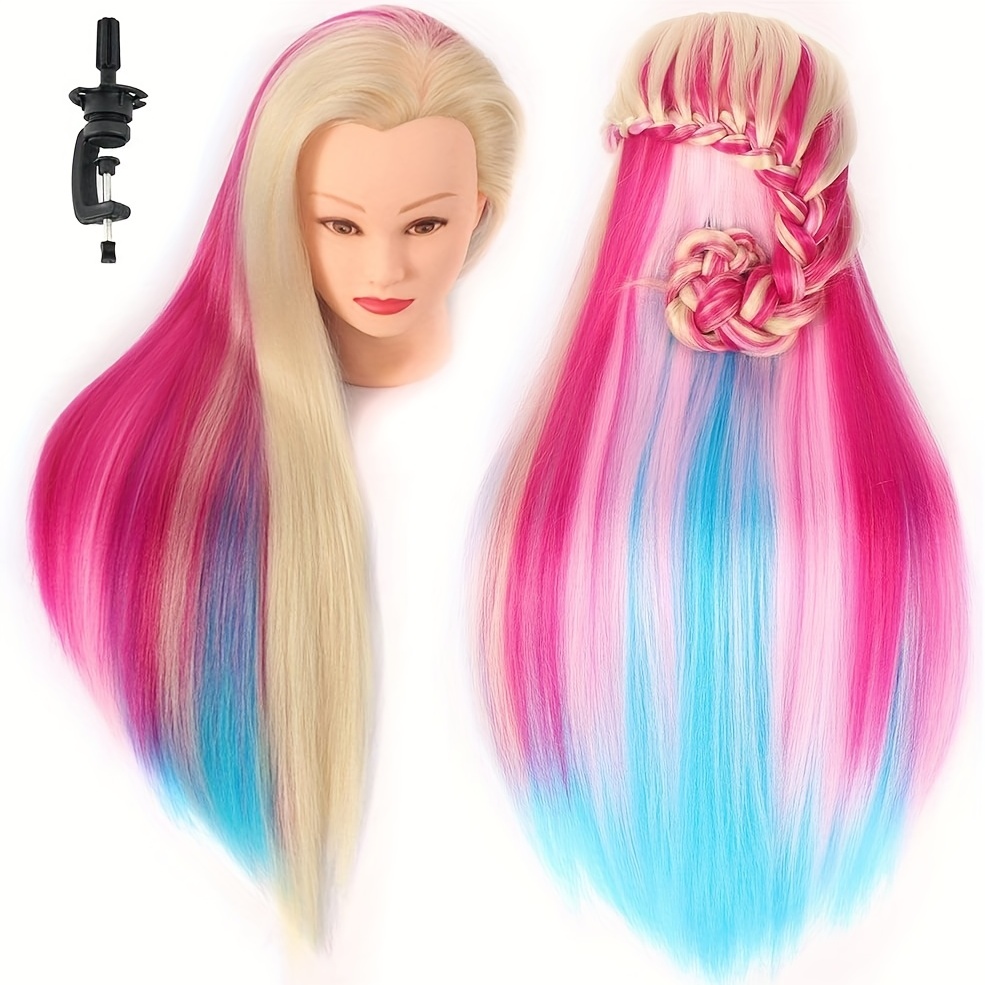 traininghead 26-28 salon mannequin head hair styling training head  manikin cosmetology doll head synthetic fiber hair hairdressing training  model with free clamp (colorful) 
