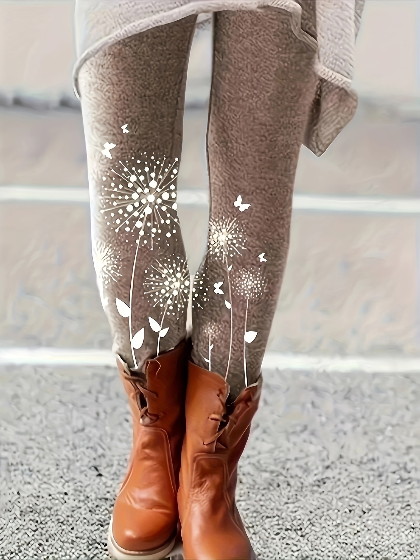 Dandelion & Butterfly Print Skinny Leggings, Casual Elastic Waist Stretchy  Leggings, Women's Clothing