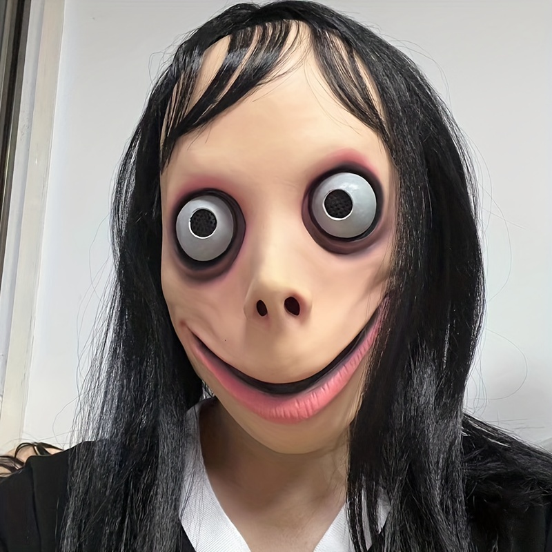 Momo Scary Face Cover Latex Head Cover With Long Hair And Creepy