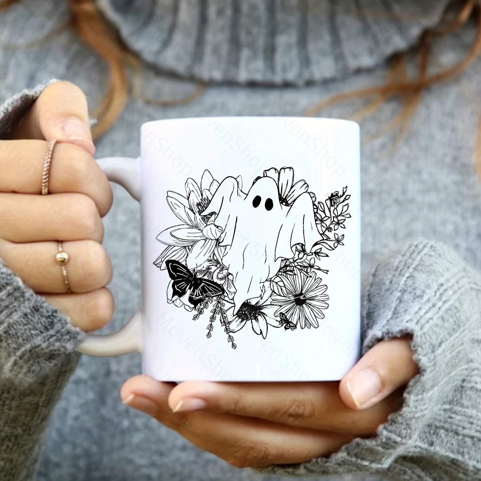 Ghost and Flowers Cup, Ghost Floral Cup, Halloween Cup with Lid