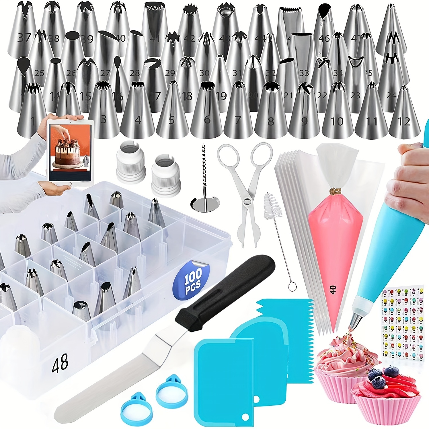 

100pcs/set Cake Decorating Set, Piping Icing Decoration Kit, Disposable Piping Bag, Silicone Pastry Bags, Icing Tips, Angled Spatula, Smoother Scraper, Diy Cake Decorations, Baking Tools