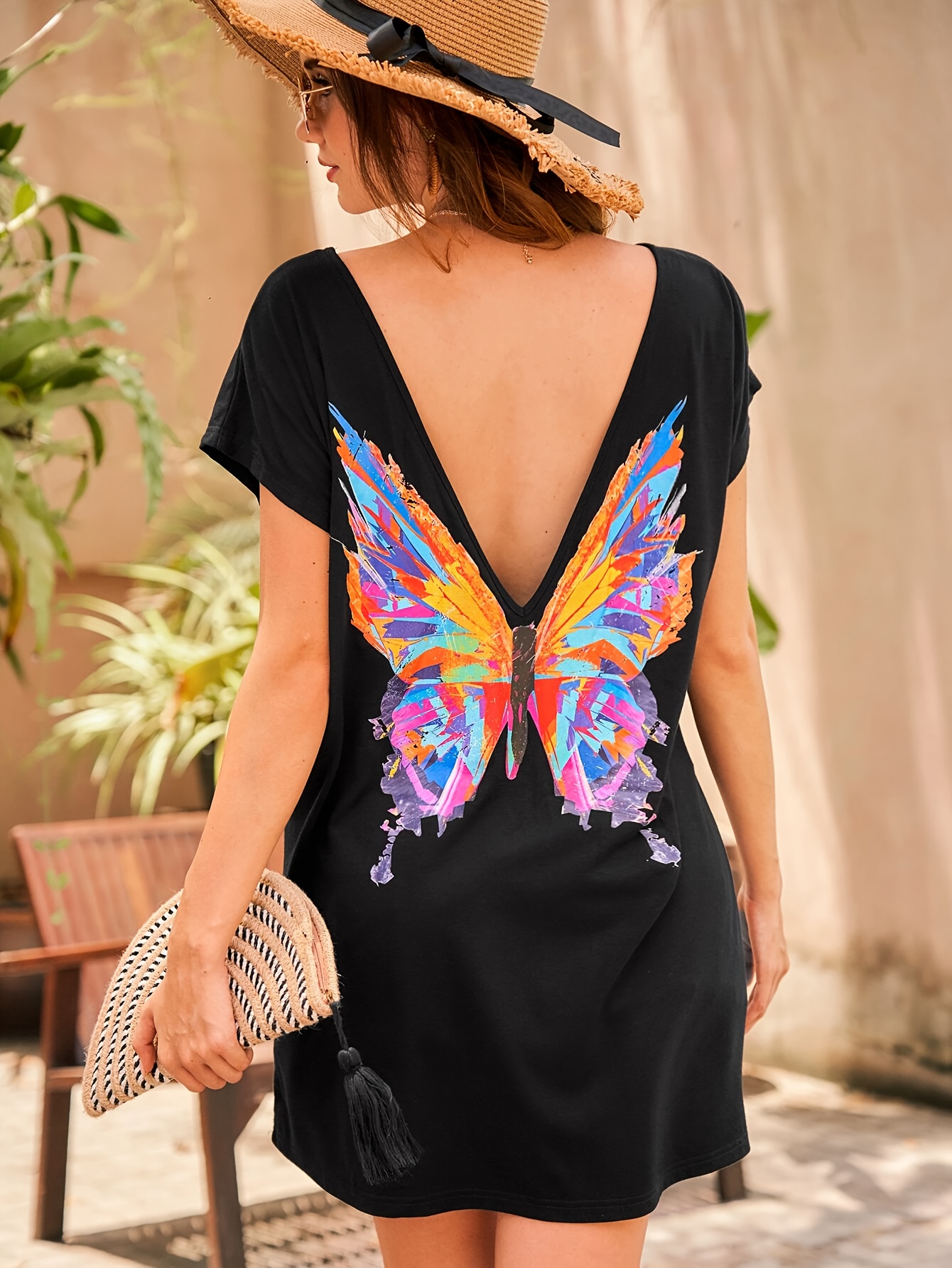 Butterfly Print Backless Dress Casual Short Sleeve Loose - Temu