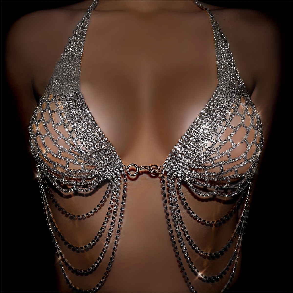 Sparkling Rhinestones Breast Support Bra Chain Bikini Harness Cross Crystal Bra  Body Chain Jewelry Rhinestone Butterfly Pendant Breast Chain for Women  (Gold) 