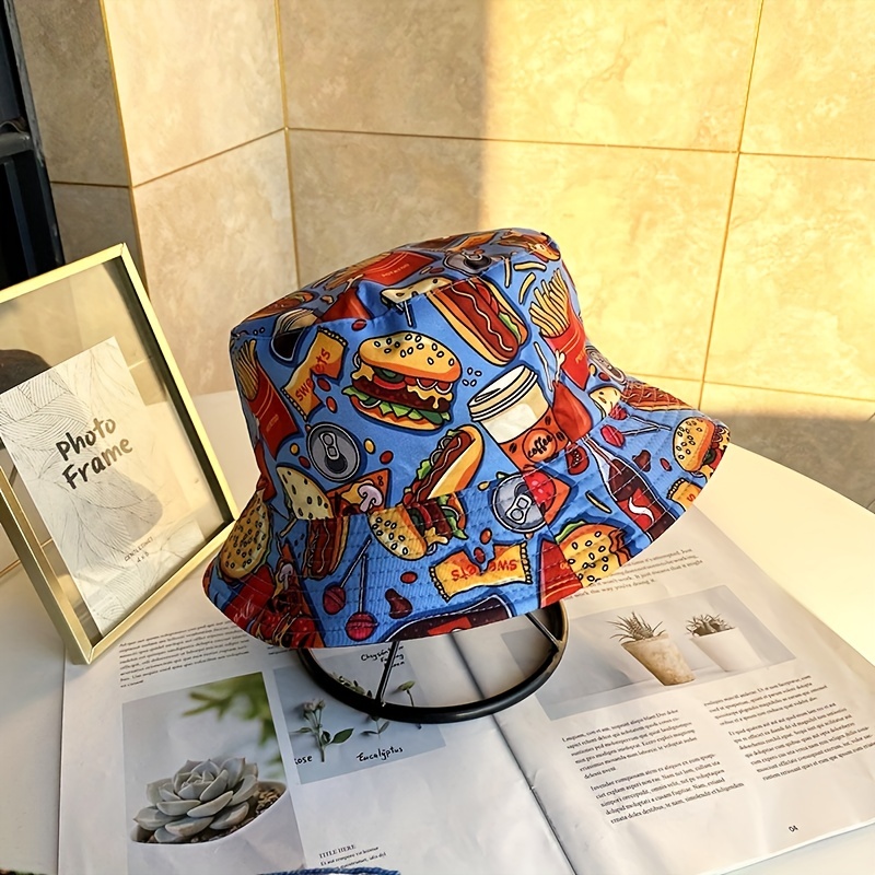 American Cola Hamburger French Fries Hot Dog Strip Print Double-sided  Fisherman Hat Sunshade Sunscreen All-match Casual Basin Hat For Men And  Women