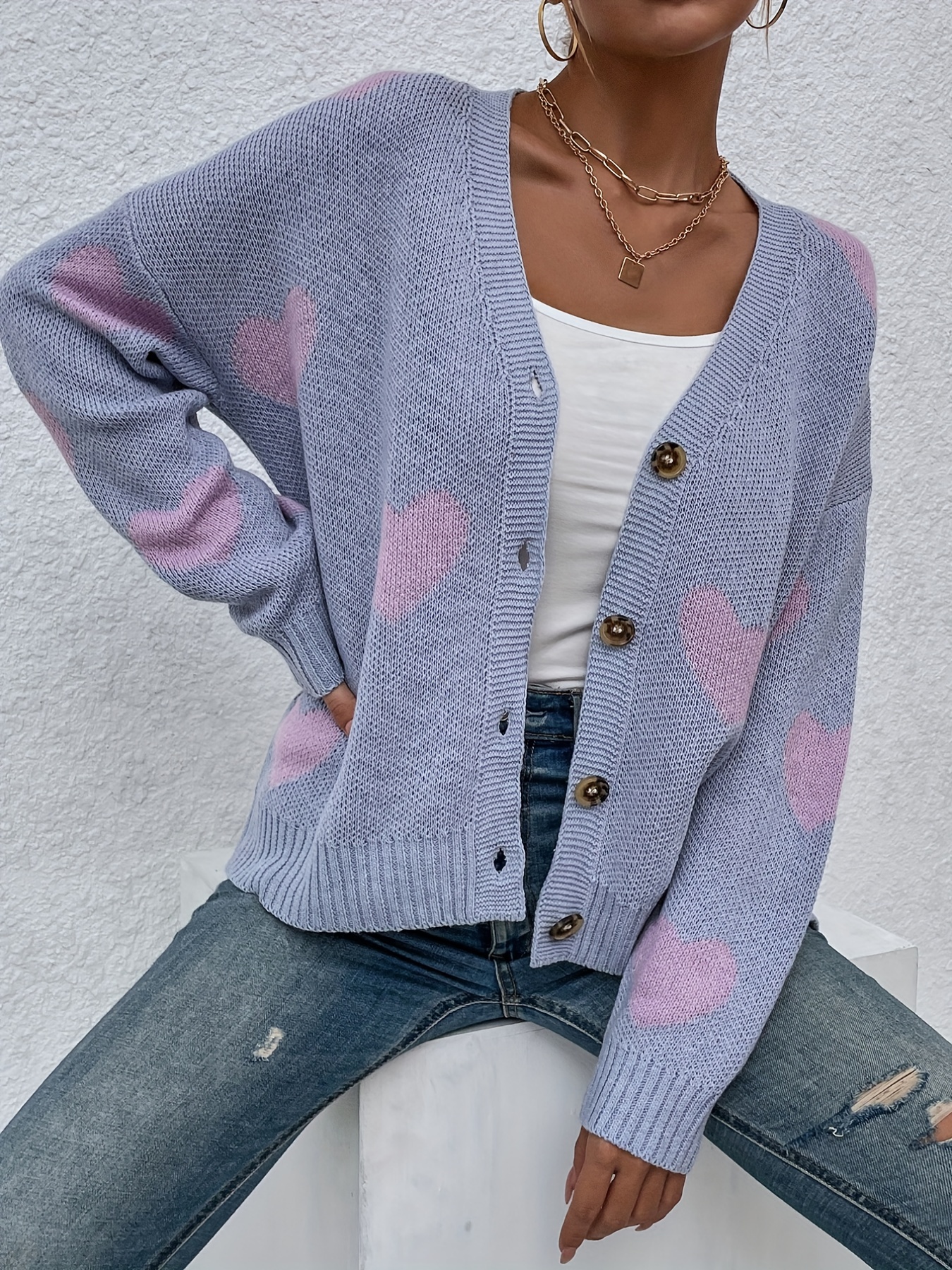 Heart Pattern Button Front Knit Cardigan, Casual Long Sleeve Loose Sweater,  Women's Clothing