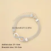 sweet gift, 2pcs bracelet plus anklet chain fashion jewelry set infinity design inlaid rhinestone match daily outfits sweet gift for her details 3