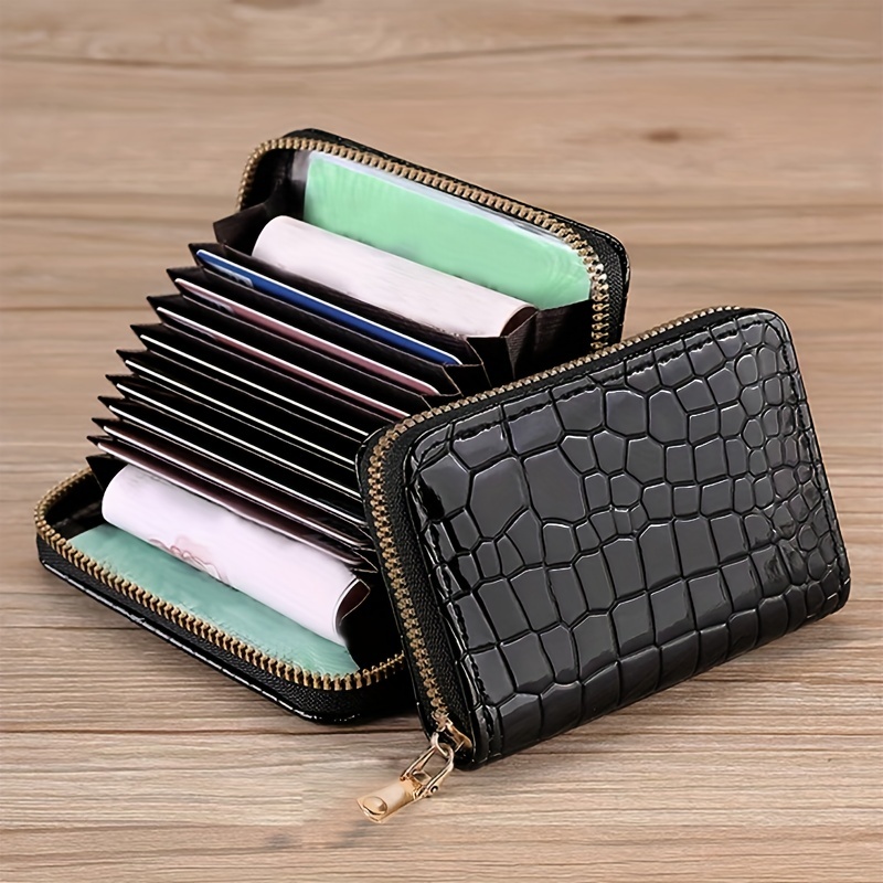 Women's Small Card Case Wallet with Flap. Mini Credit Card Holder. Croco Embossed Black