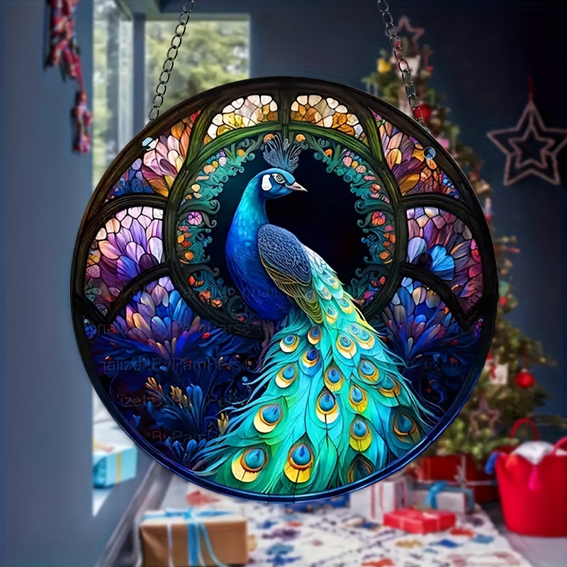 Creativearrowy Colorful Art Peacock Decor Large Acrylic Peacock Hanging Decoration for Windows Painted Glass Window Hanging Pendant with Metal Chain