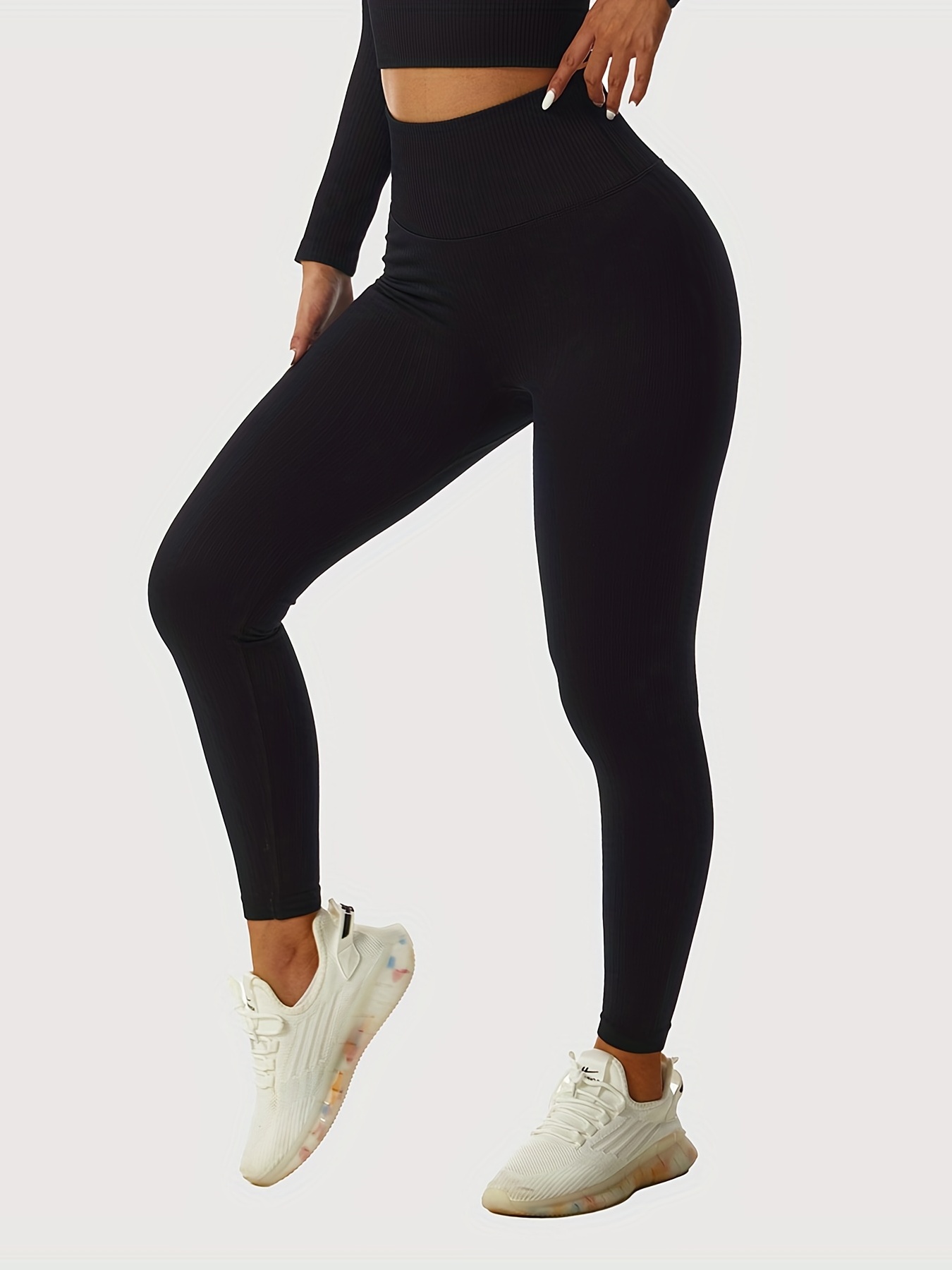 Solid High Waist Ribbed Yoga Pants Seamless Slim Fitted - Temu Canada