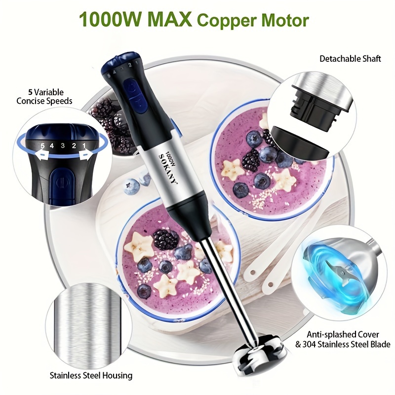 Handheld Immersion Blender ,800W 4-In-1 Stainless Steel Handheld Blender  Stick Mixer with Egg Whisk, Beaker & Chopper Bowl