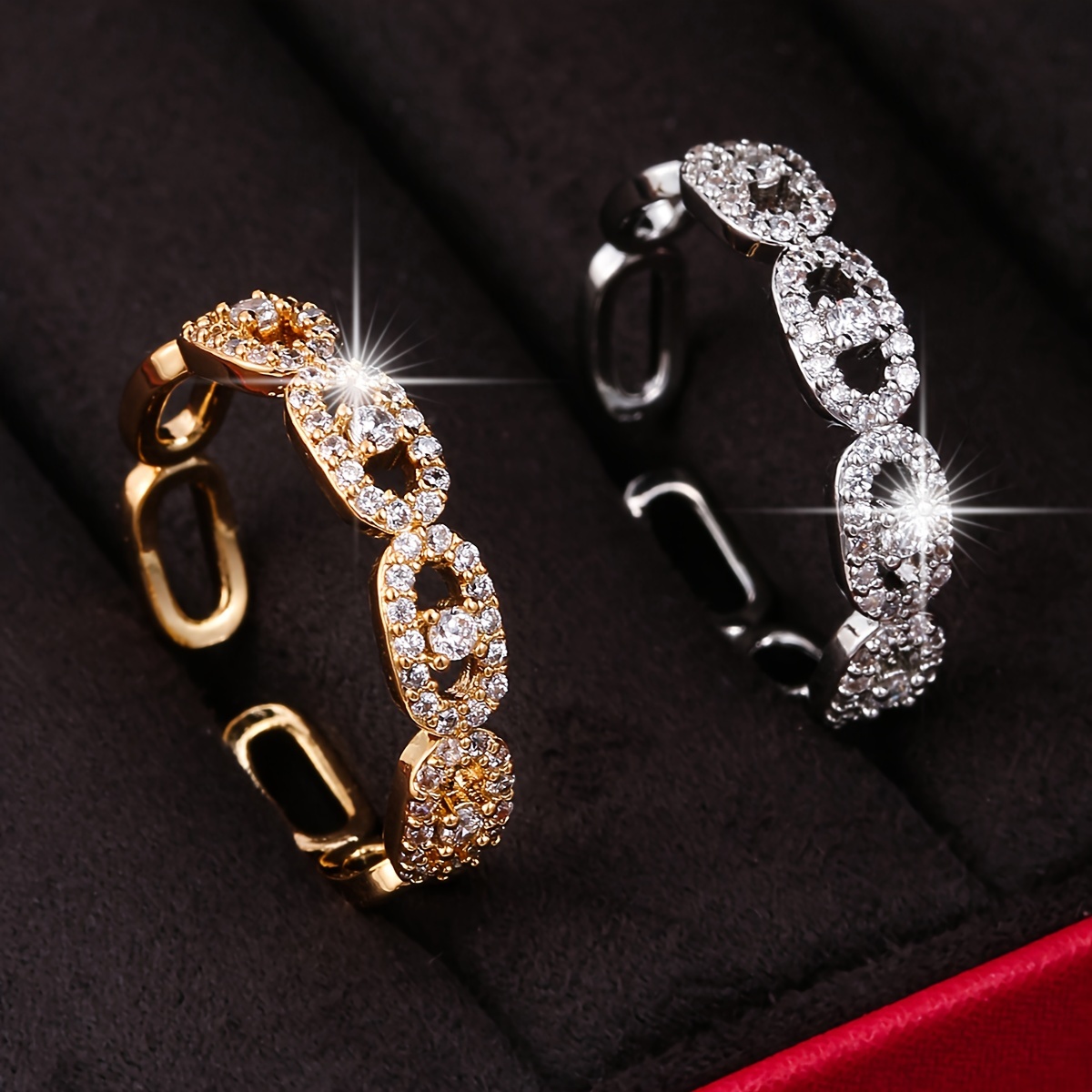 

Elegant Cuff Ring Trendy Chain Design Plated Paved Shining Zirconia Or Silvery Make Your Call Match Daily Outfits