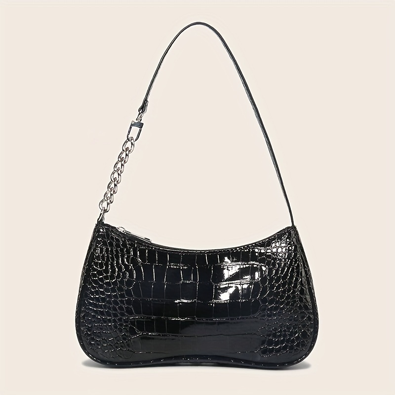 

Solid Color Crocodile Pattern Baguette Bag, All-match Zipper Underarm Wallet For Women, Faux Leather Armpit Bag