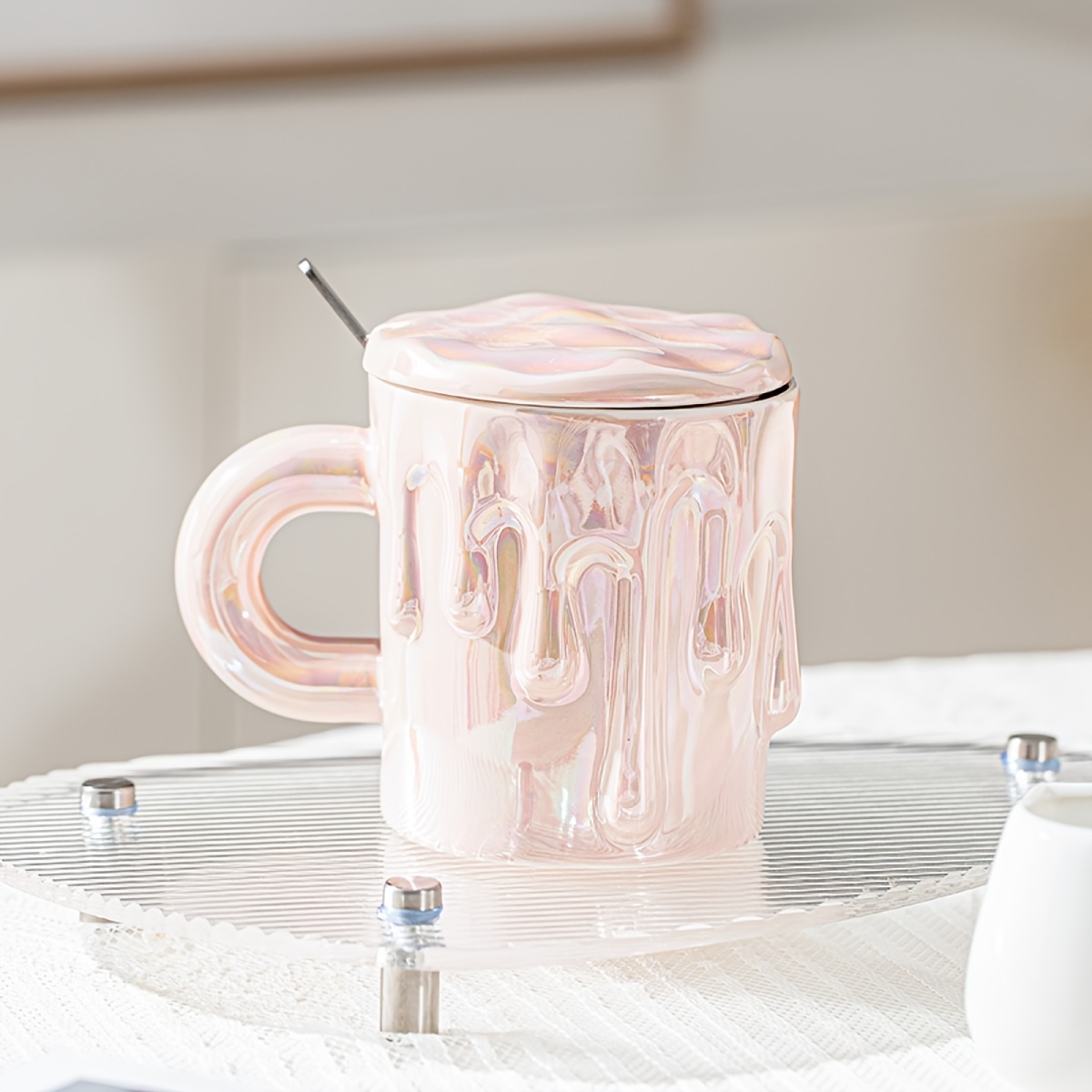 1pc 360ml Pink Melted Ceramic Mug, With Lid And Spoon, High Value