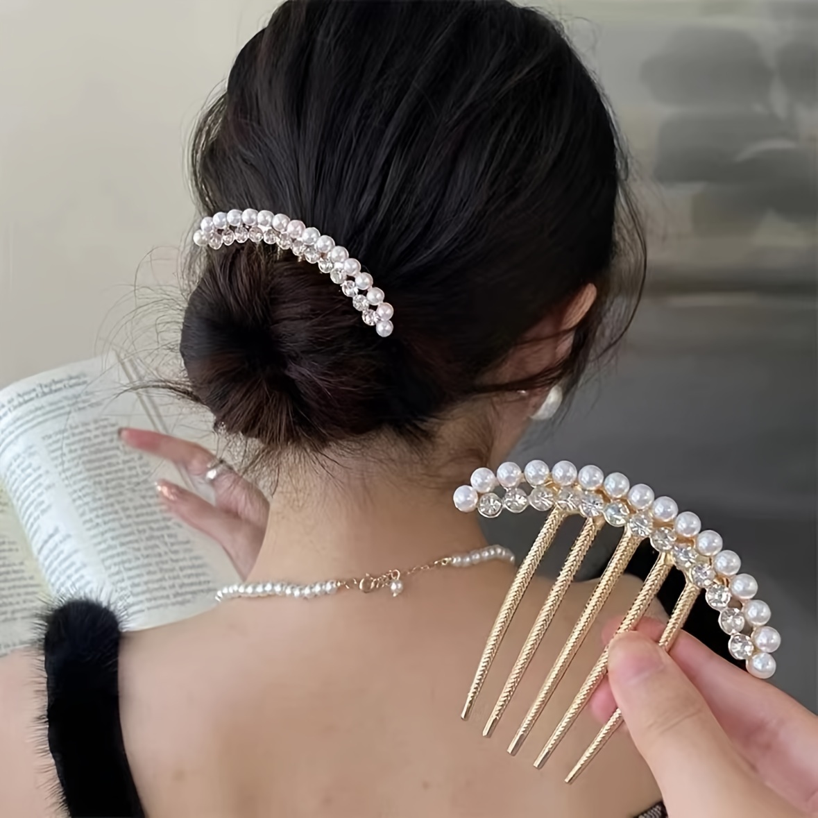 faux pearl rhinestone hairpin headwear for girls details 0