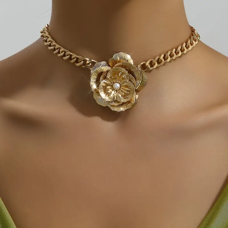 Golden Color Punk Flower Chain Necklace Choker Female Neck Jewelry, Jewels Gift, Christmas Styling & Gift,Temu