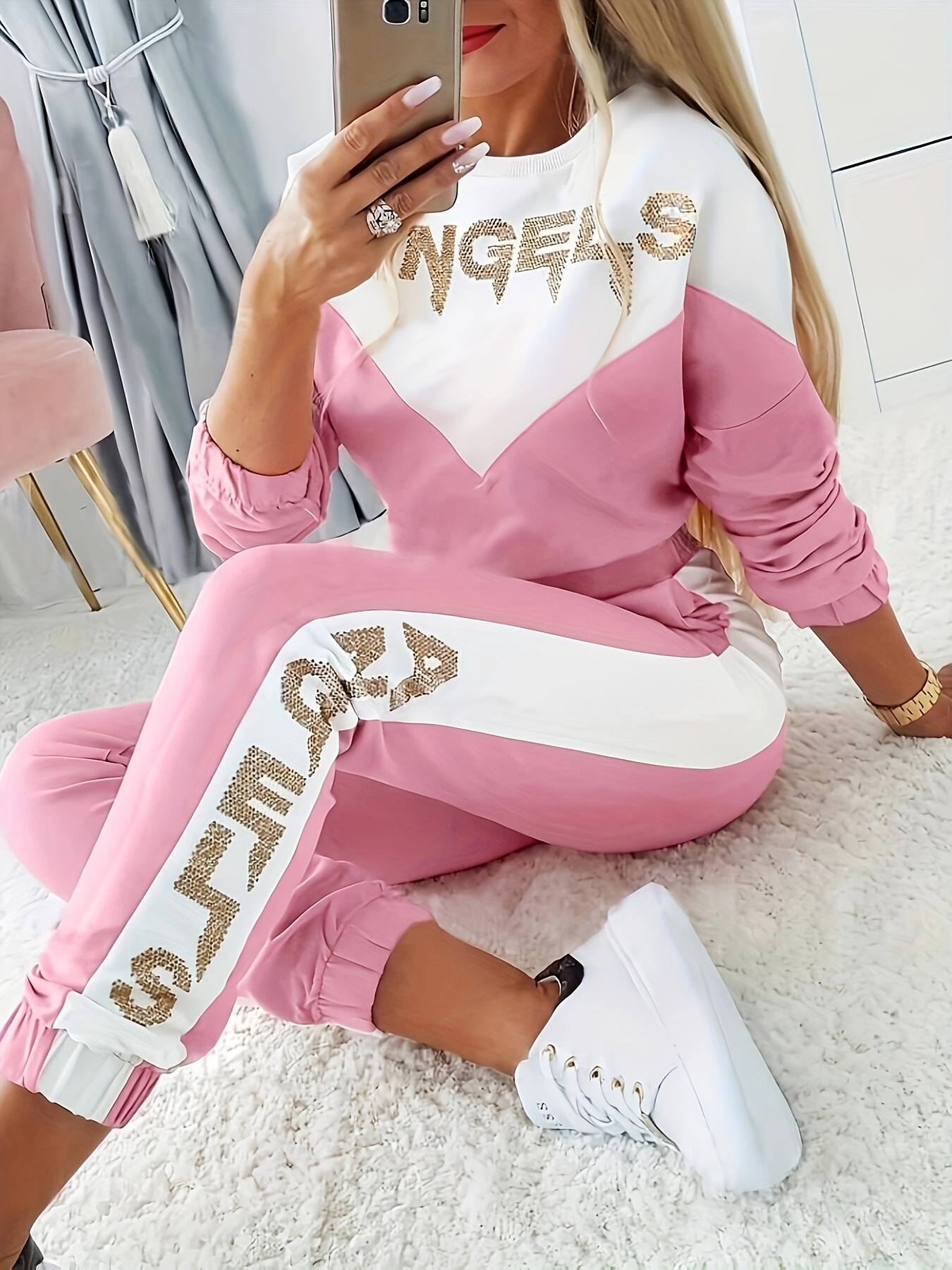 Casual Letter Pattern Color Block Two piece Set Long Sleeve - Temu