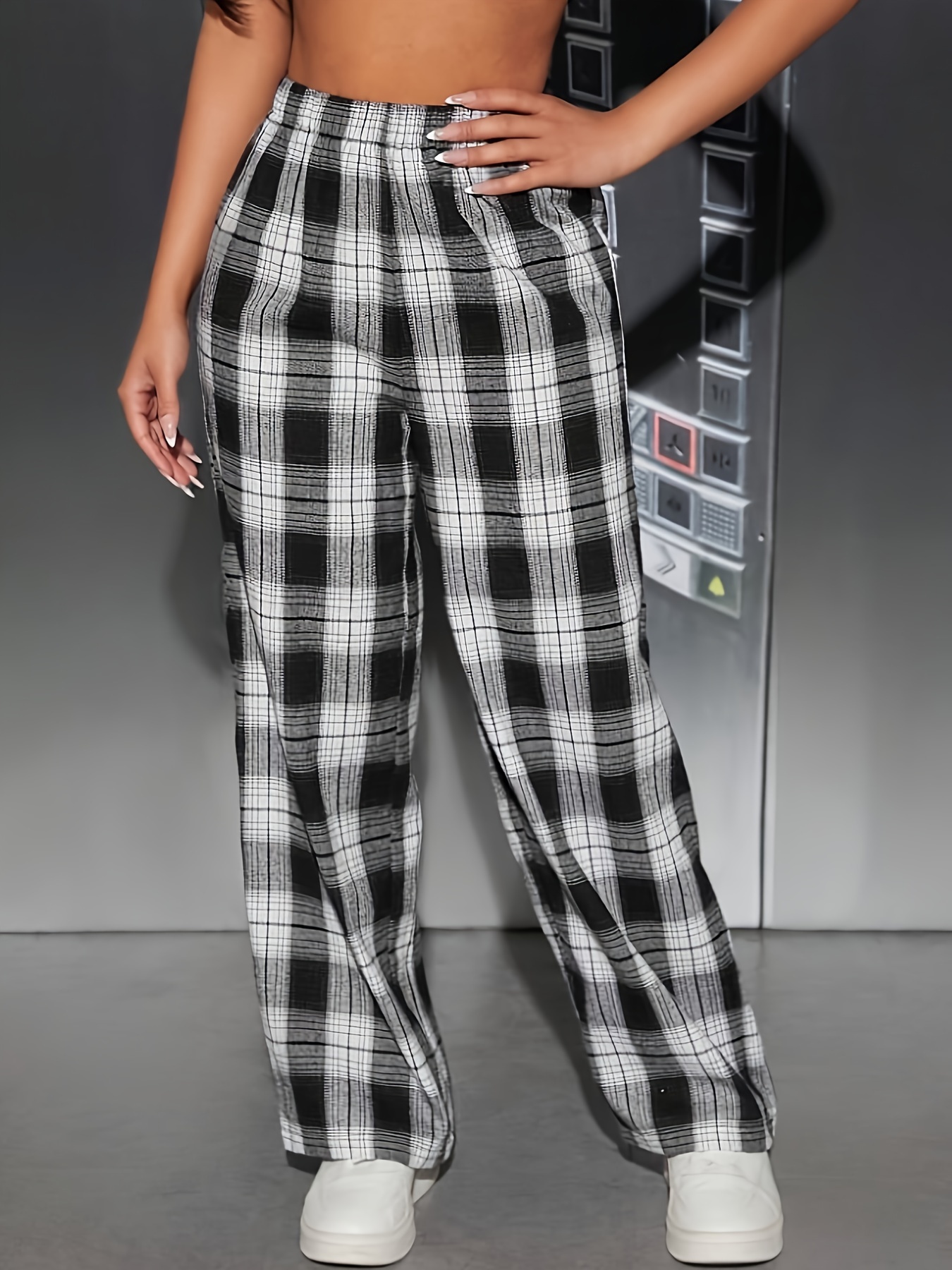 Cheap Women's Everyday Pants, Printing Comfy Leg Pants High Waist Pants  Plaid Stretch Wide Loose Ladys Casual Checkered Pants