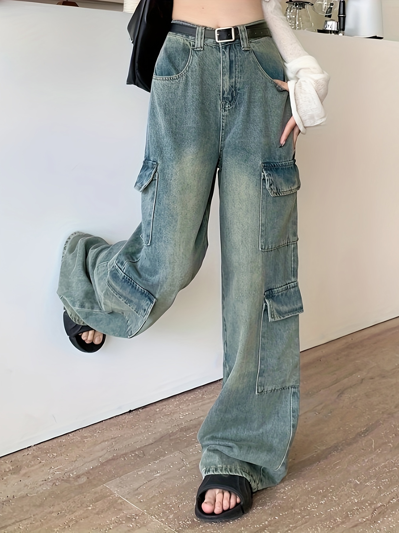 Women's High Waist Cargo Jeans Flap Pocket Baggy Cargo Pants Y2K Wide Leg  Denim Jeans Y2K Streetwear Pants. : : Clothing, Shoes & Accessories