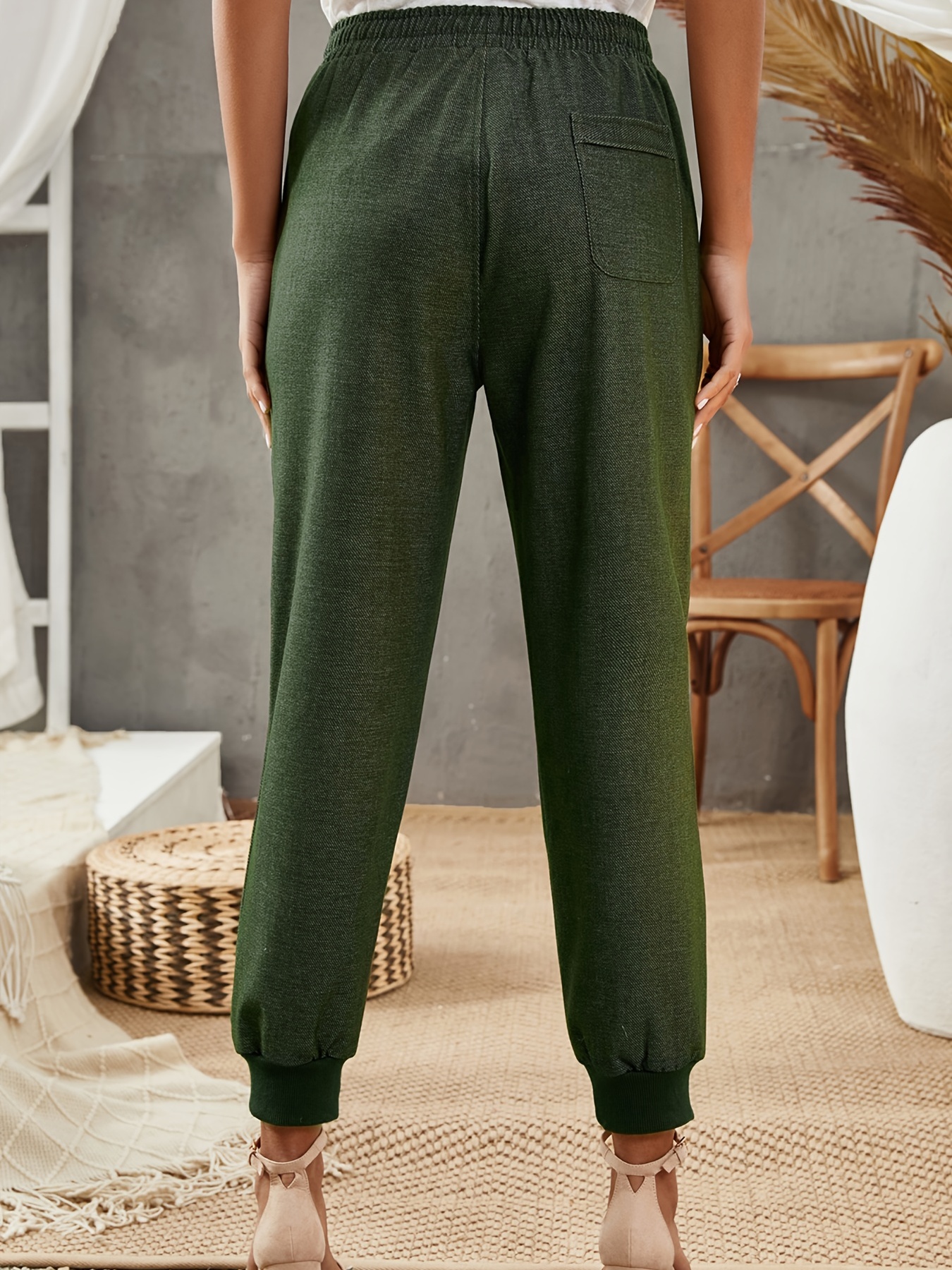 Solid Color Elastic Waist Pockets Jogging Pants Drawstring - Temu