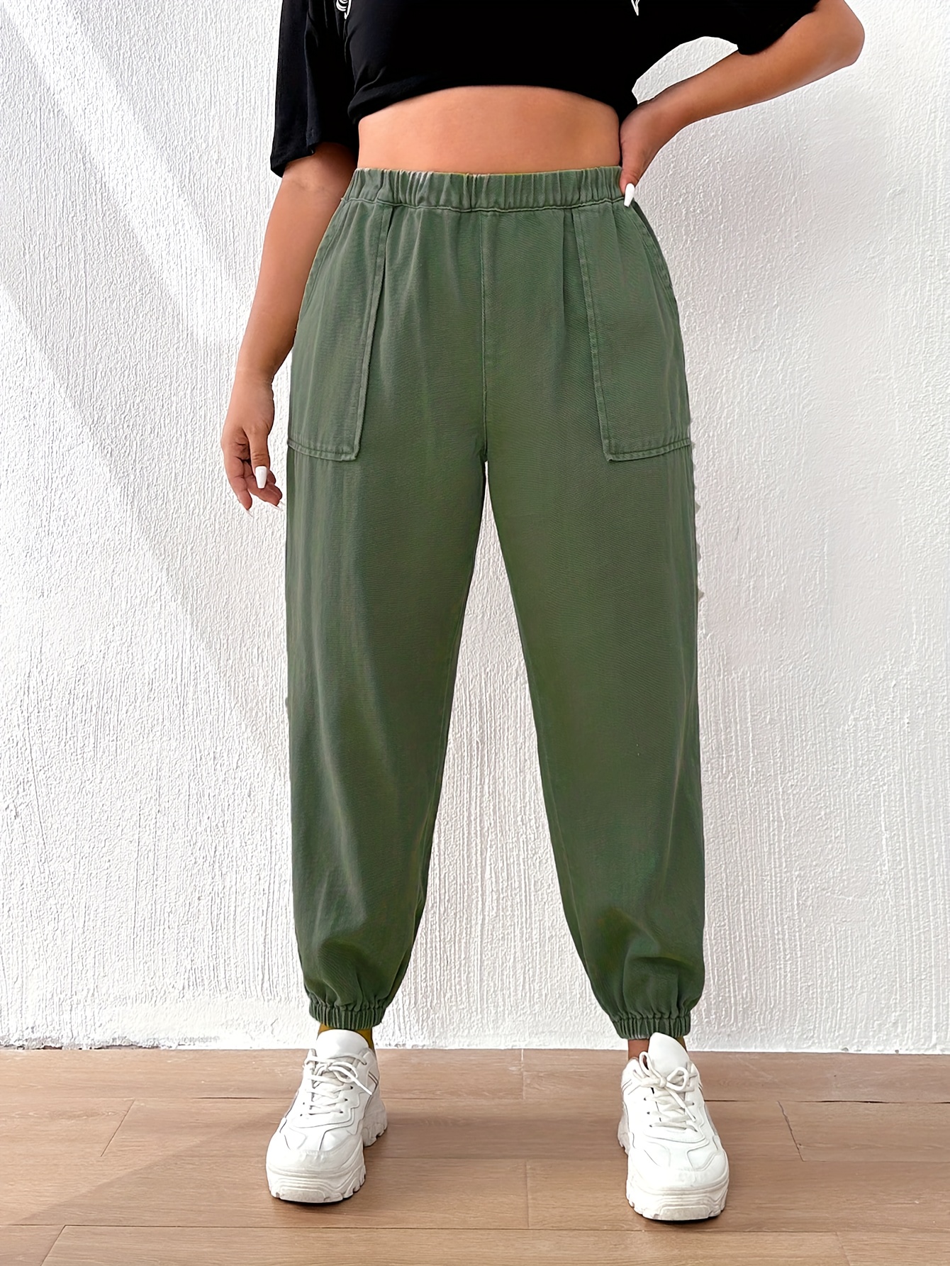 Plus Size Casual Pants Women's Plus Solid Elastic Medium - Temu