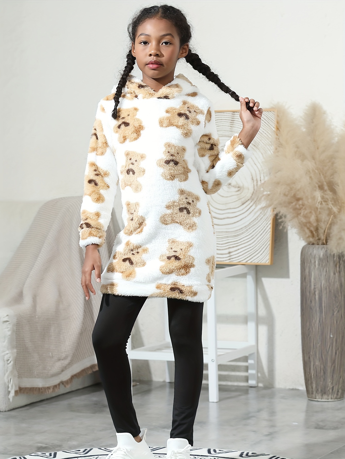 Girl's Fuzzy Fleece Outfit Bear Pattern Hoodie Leggings Set - Temu