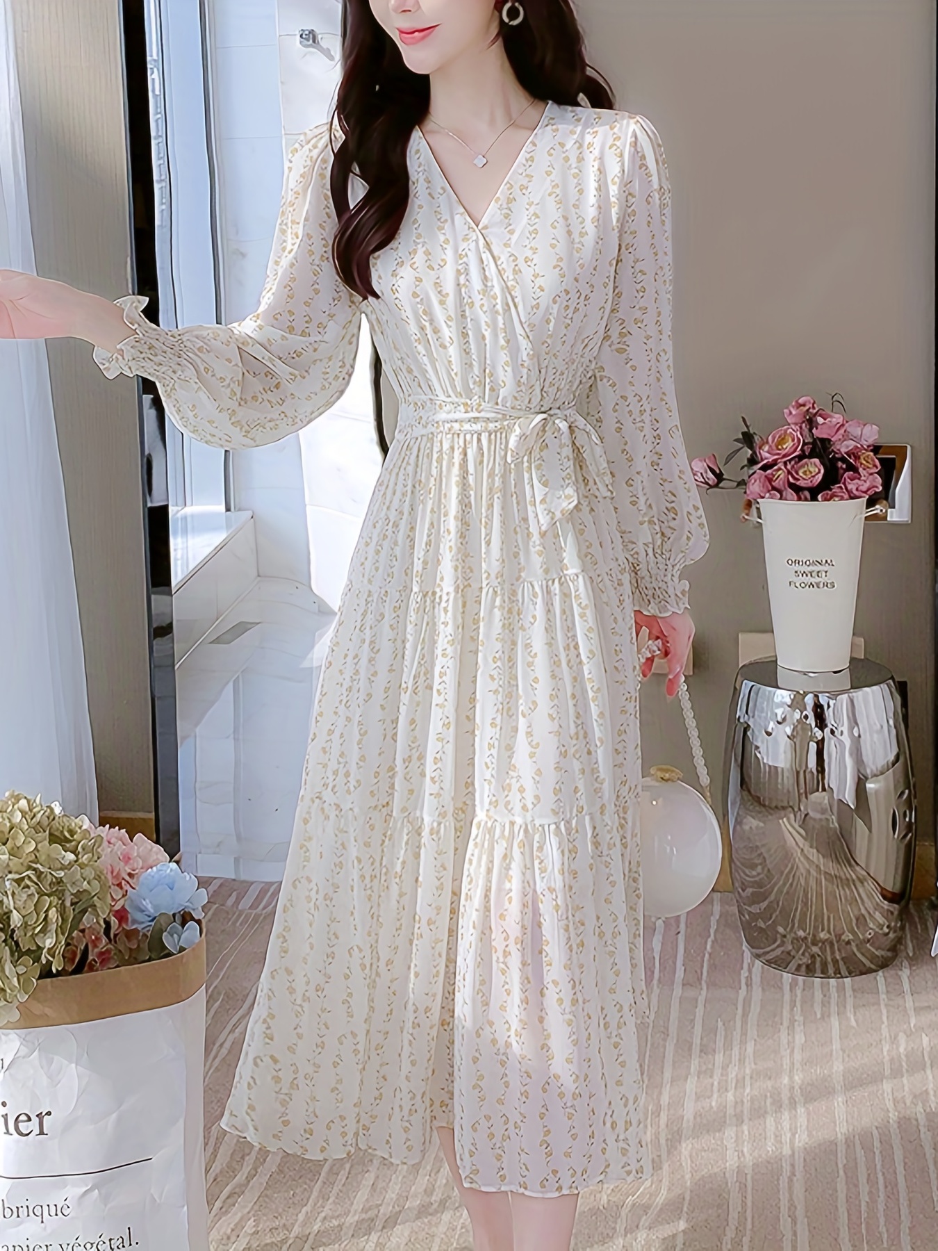 Ditsy Floral Print Dress, Elegant Pleated Long Sleeve Maxi Dress