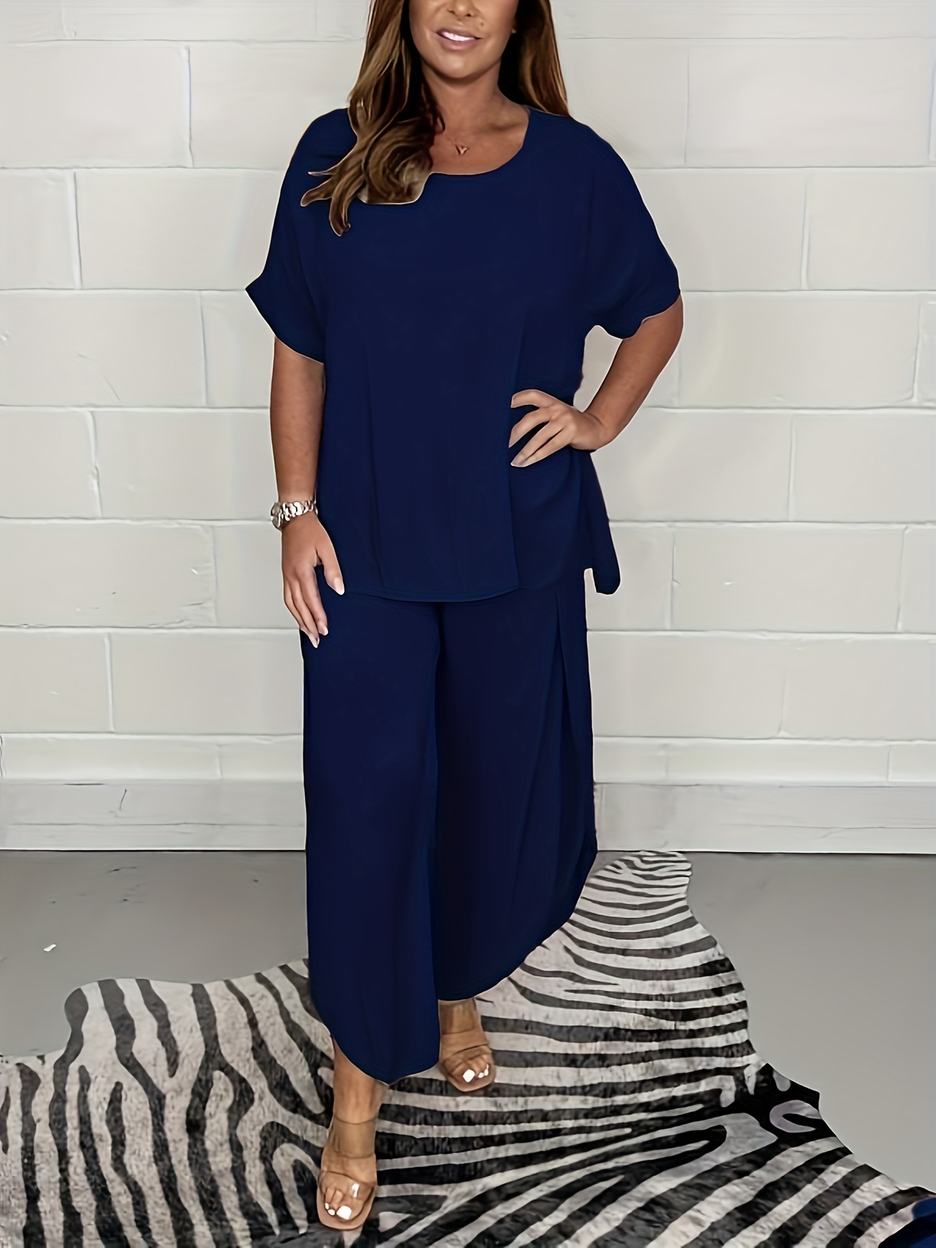 Casual Two Piece Set Crew Neck Tops & Split Pants Outfit