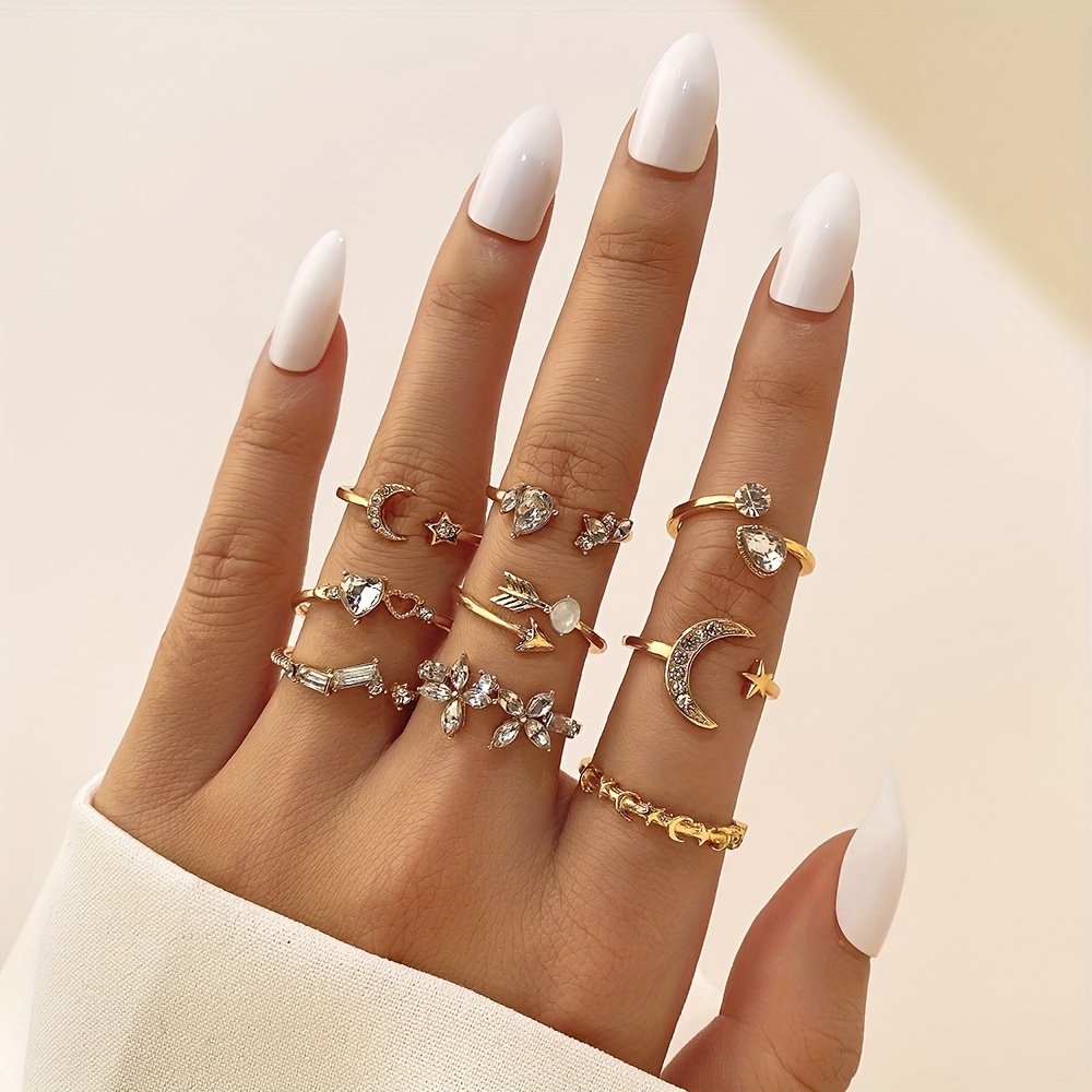 10PCS 18k Gold Rings Set Women Fashion Moon Star Leaves Love Rhinestone  Joint Ring Retro Gold Boho