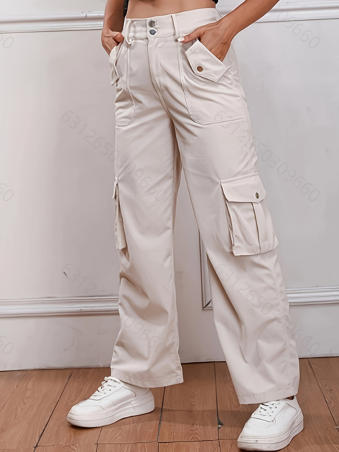 Solid High Waist Flap Pocket Cargo Pants