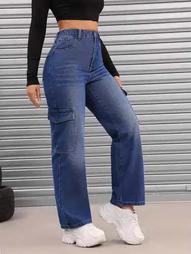 Calça Jeans Cargo Solta Com Bolso Com Aba Lateral, Calça Jeans Confortável  De Perna Larga, Calça Jeans Feminina E Roupas