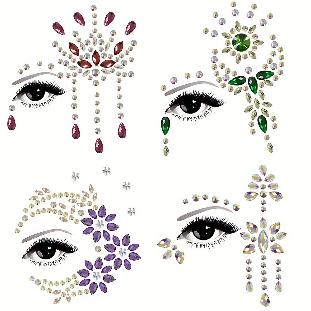 Halloween Crystals Face Stickers for Women Mermaid Face Sticker, 4 Sets  Rhinestone Rave Festival Face Jewels, Eyes Body Temporary Tattoos for Kids