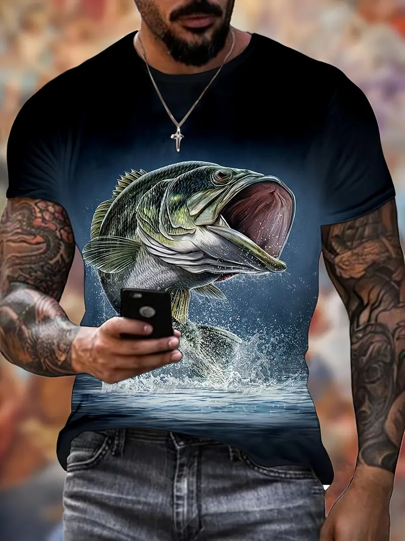 Men's Fishing Graphic T-Shirt, 3D Digital Print, Active Slightly Stretch Short Sleeve Novel Tee, Men's Clothing for Summer Outdoor,Temu