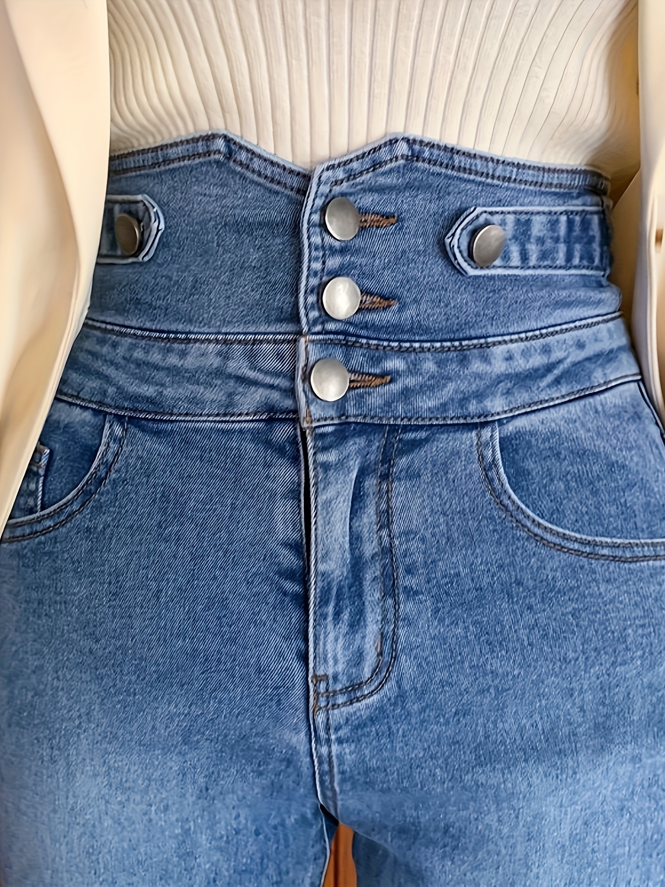 High Waist Tummy Control Cut Denim Pants Multi Buttons - Temu