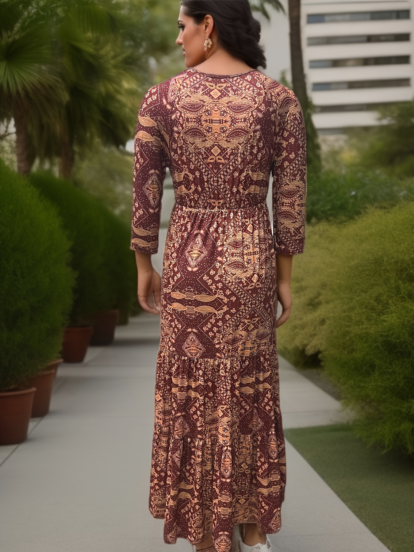  Women's V Neck 3/4 Length Sleeve Boho Long Dress