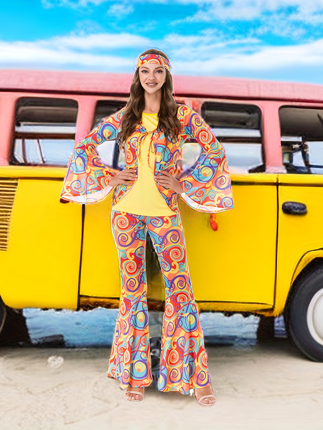 Abstract Print Hippie Two piece Set Tie Front Flared Sleeve - Temu Canada