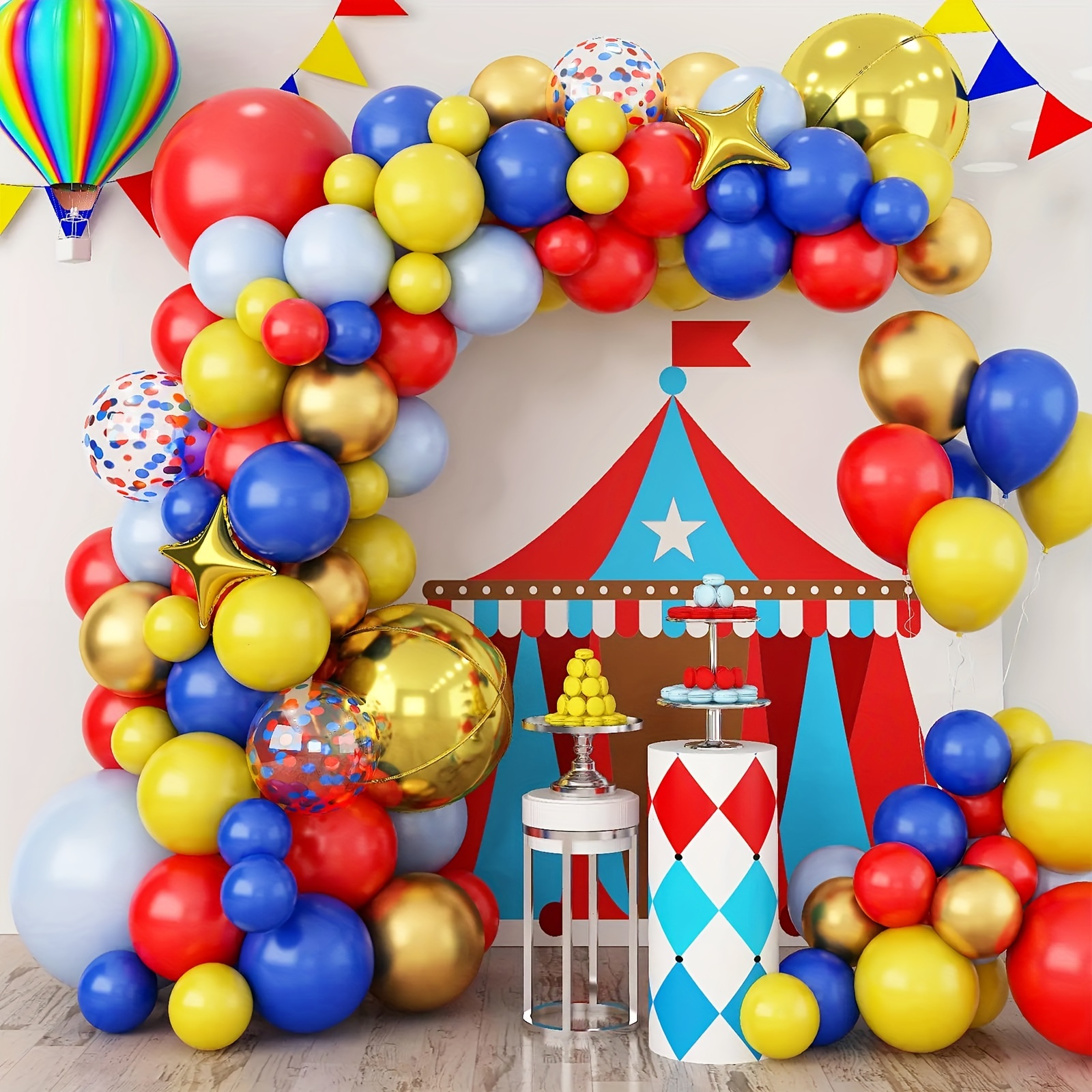 Thème Du Cirque De Carnaval Ensemble De Ballons, Guirlande De Ballons Rouge  Bleu Jaune, Lion & Popcorn & Ballon Chaud Clown Pour La Décoration De Fête