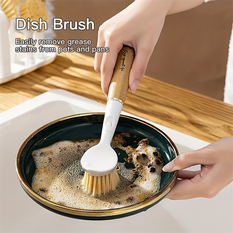 Dish Brush Set with Storage Holder, 4-in-1 Dish Cleaning Brush Set with  Sponge Bamboo Handle Bottle Brush,Kitchen Scrub Brush and Corner Brush