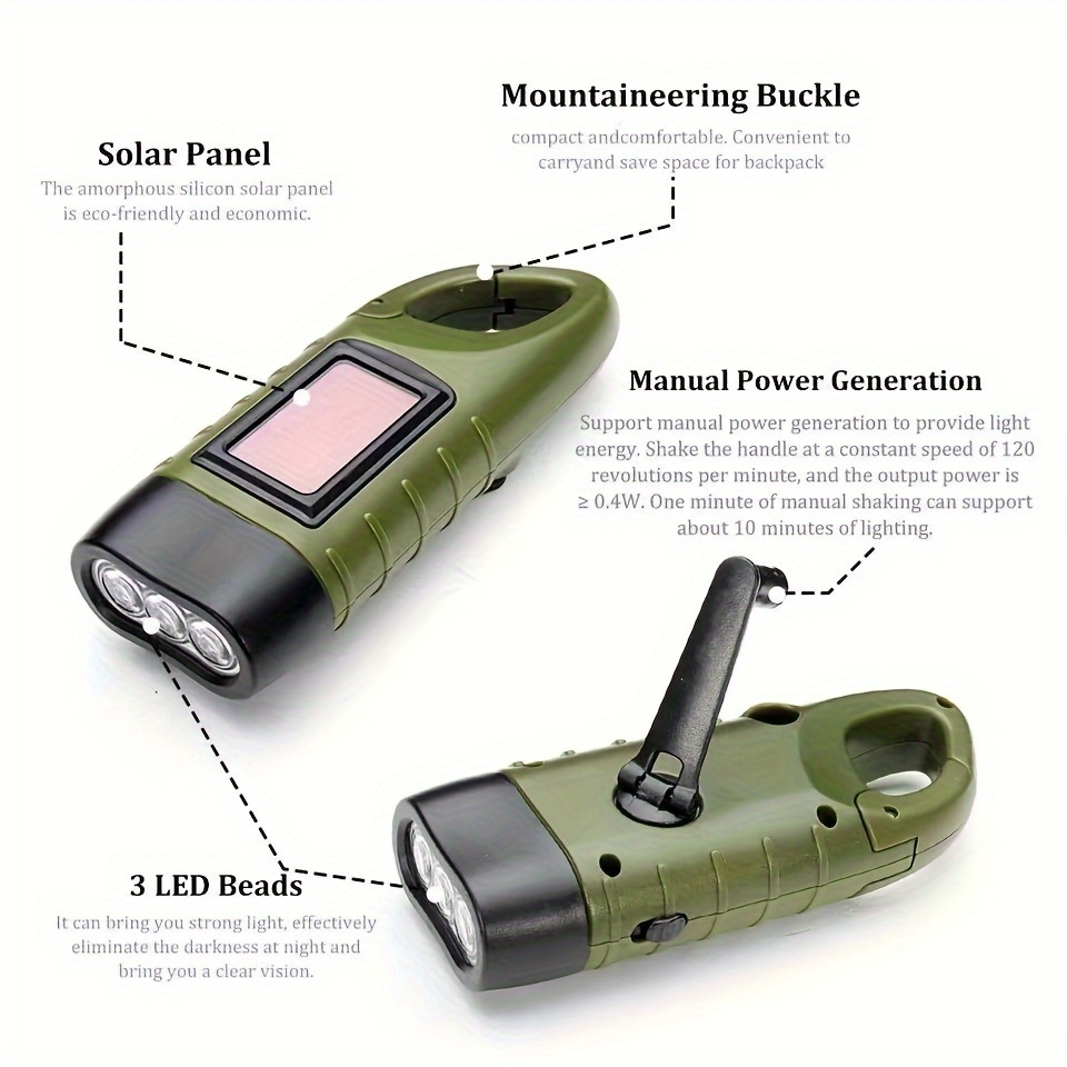 Solar Powered Hand Crank Flashlight LED with Clip Emergency Light (Army  Green)