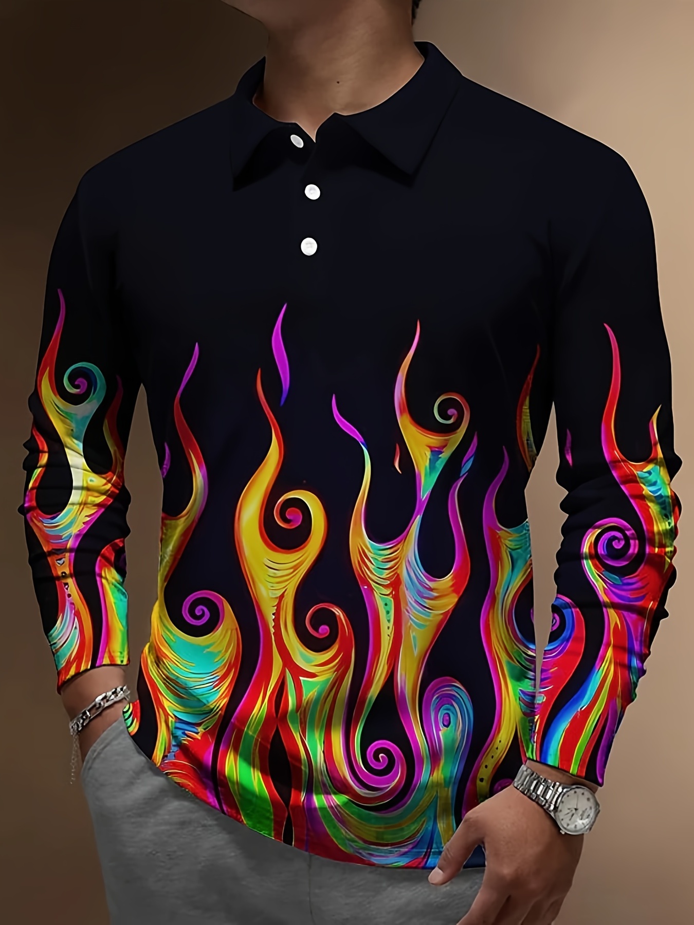Plus Size Men's Flame 3D Print Button Up Shirt with Pocket, Stylish Chic Streetwear, Casual Cool Men's Clothing,Casual,Temu