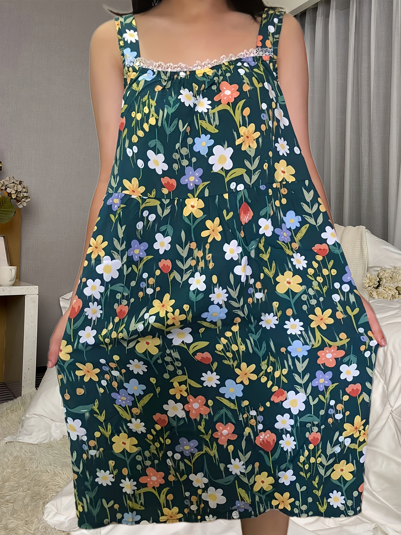 Floral Print Nightdress Casual Comfy Lace Trim Tank Sleep Temu