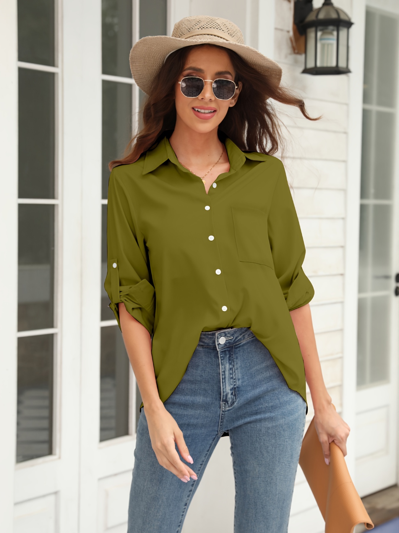 Buy Womens Button Down V Neck Shirts Long Sleeve Blouse Roll Up Cuffed  Sleeve Casual Work Plain Tops with Pockets (Large, Army Green) at
