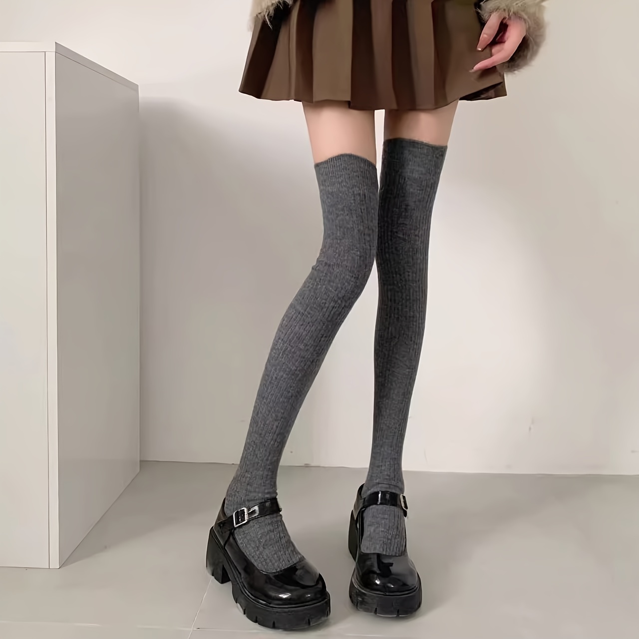Solid Ribbed Thigh High Stockings Slim Fit Knee Socks - Temu