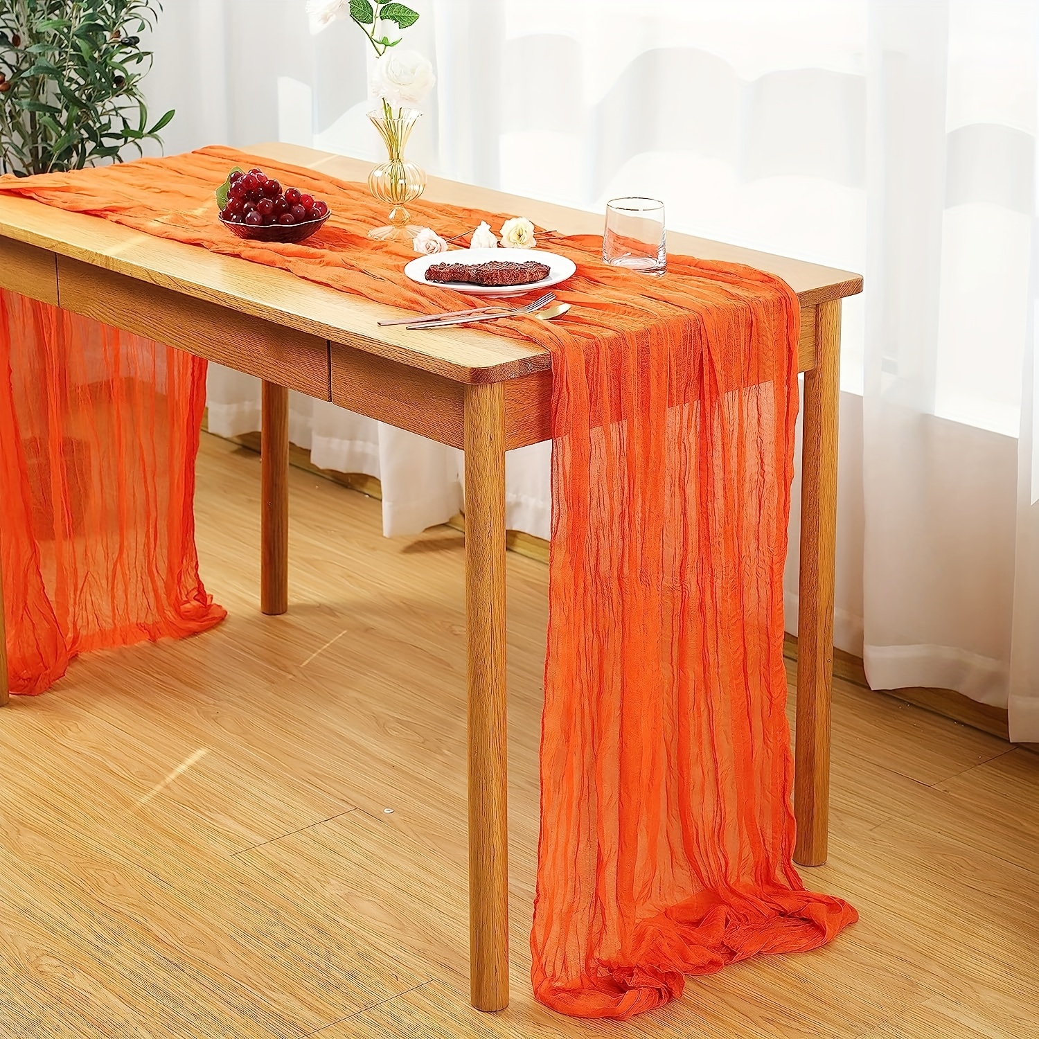 

1pc, Polyester Table Runner, Cheesecloth Table Runner, Rustic Gauze Fabric Boho Table Runner, Orange Cheesecloth Wedding Table Decor, For Party Bridal Shower Thanksgiving Halloween Table Decor