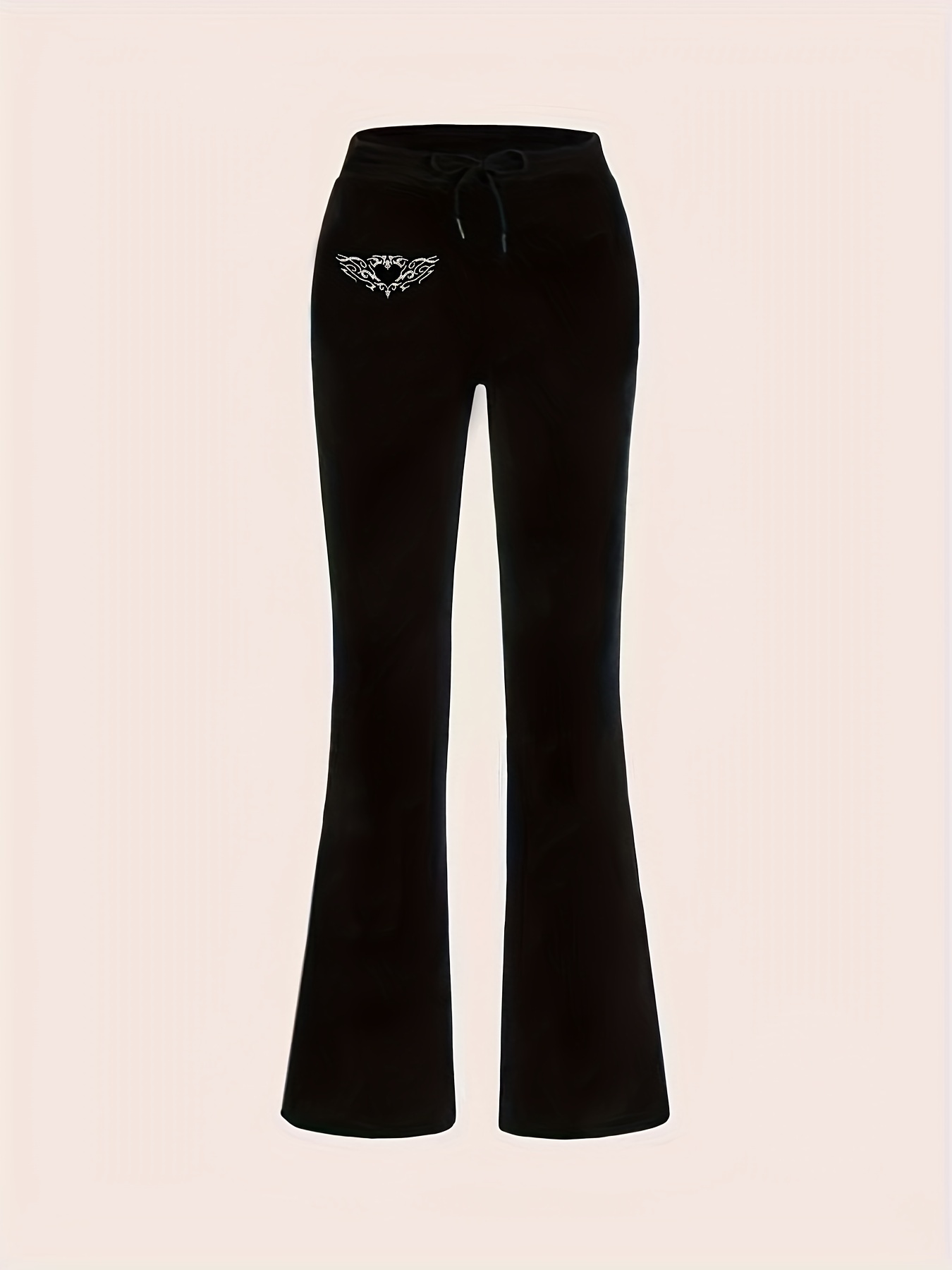 Gothic Heart Pattern Flare Leg Pants, Casual Drawstring Velvet Pants For  Fall & Winter, Women's Clothing