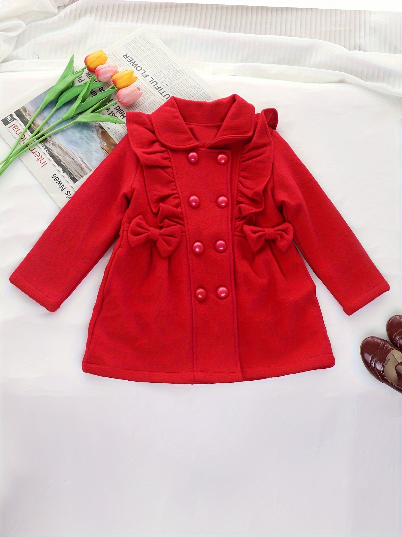 Kid Girl Bowknot Design Double Breasted Lapel Collar Thermal Overcoat