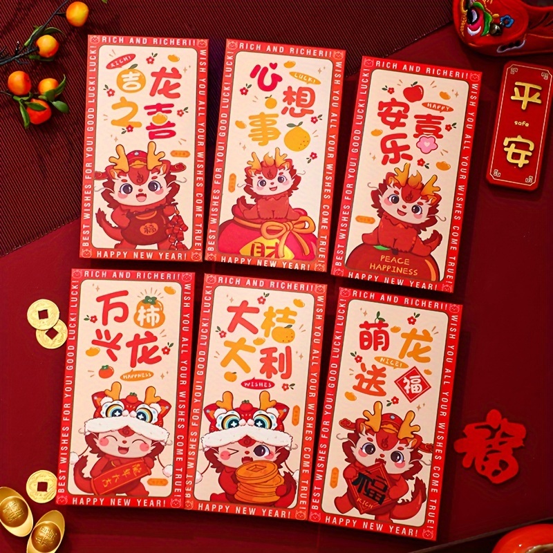 6pcs 2024 Chinese New Year Red Envelopes Kids Lucky Money Red Pocket for  Best Wish Wedding Ceremony Envelopes for Money Gift Bag